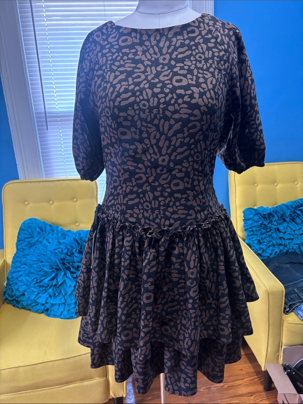 Kensie Black and Brown Leopard-Print Tiered Mini Dress